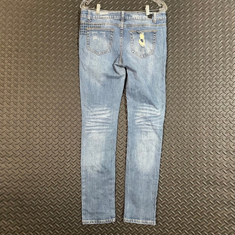 Black Crystal Blue Light Washed Distressed Denim Mid Rise Skinny Jeans Women‎ 9 - Picture 2 of 12